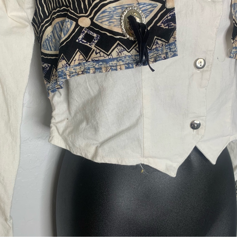 Vintage Roughrider Western Fringe Cropped Button Up Shirt Blue Black Small - Picture 6 of 14
